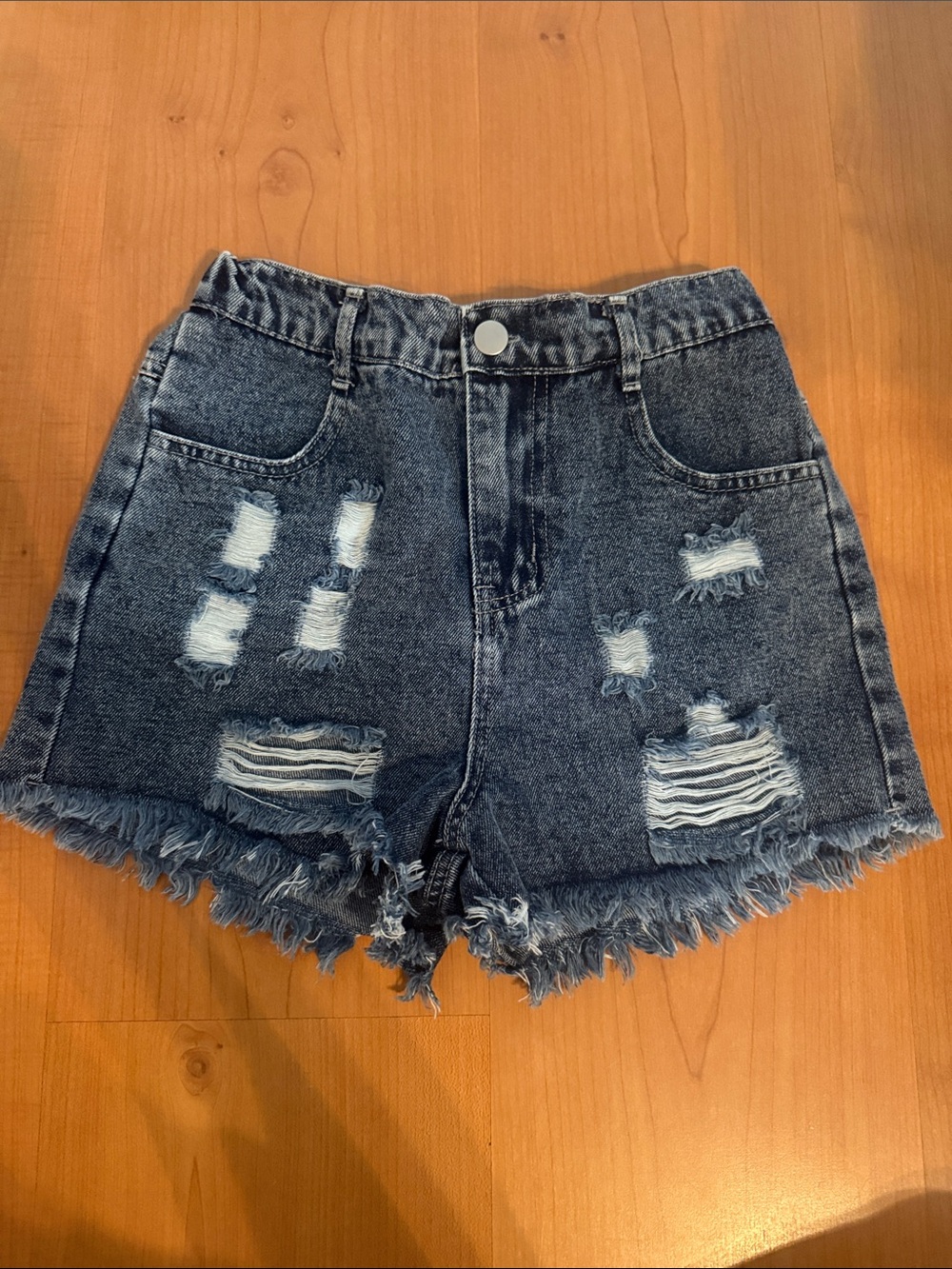 High-Waist Distressed Denim Shorts - Dark Blue